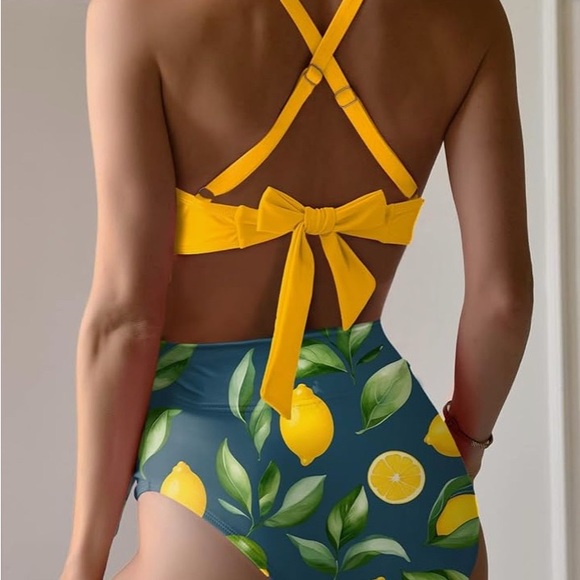 Women’s Yellow Wrap Criss Cross Back Tie Knot Bikini Top Size L Swimwear Beach - Picture 9 of 10